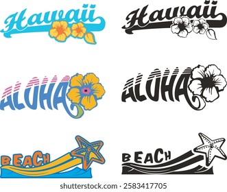 Non-AI summer tropical beach and Hawaii vector illustrations, great for vehicle graphics, decals, stickers, T-shirt designs, signs and logos. Human-made images, ready for vinyl cutting.