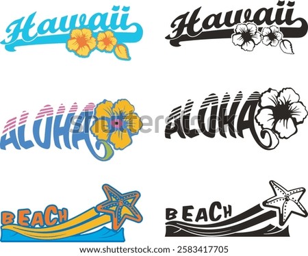 Non-AI summer tropical beach and Hawaii vector illustrations, great for vehicle graphics, decals, stickers, T-shirt designs, signs and logos. Human-made images, ready for vinyl cutting.