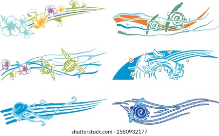 Non-AI summer tropical sea animals vector colorful illustrations. Human-made designs for vehicle graphics, decals, stickers, T-shirts, backgrounds. Dolphin, turtles, waves, jellyfish, flowers.