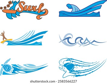 Non-AI summer tropical sea vector illustrations set, including surfing, wave designs and turtles. Human-made, great for vehicle and boat graphics, decals, stickers, T-shirts, signs, backgrounds.