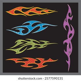 Non-AI vector colorful textured flames for vehicle vinyl decals and wraps. Human made ready-to-cut graphics for racing cars, hot rod, off-road and sport vehicles,  ATVs, trucks, motors, T-shirts.