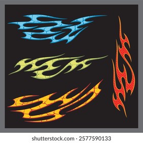 Non-AI vector colorful textured flames for vehicle vinyl decals and wraps. Human made ready-to-cut graphics for racing cars, hot rod, off-road and sport vehicles,  ATVs, trucks, motors, T-shirts.