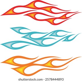 Non-AI vector colorful textured flames for vehicle vinyl decals and wraps. Human made ready-to-cut graphics for racing cars, hot rod, off-road and sport vehicles,  ATVs, trucks, motors, T-shirts.