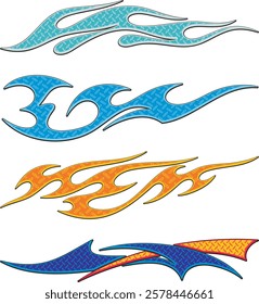 Non-AI vector colorful textured flames for vehicle vinyl decals and wraps. Human made ready-to-cut graphics for racing cars, hot rod, off-road and sport vehicles,  ATVs, trucks, motors, T-shirts.