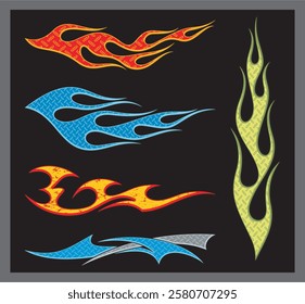 Non-AI vector colorful textured flames for vehicle vinyl decals and wraps. Human made ready-to-cut graphics for racing cars, hot rod, off-road and sport vehicles,  ATVs, trucks, motors, T-shirts.