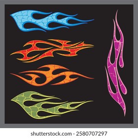 Non-AI vector colorful textured flames for vehicle vinyl decals and wraps. Human made ready-to-cut graphics for racing cars, hot rod, off-road and sport vehicles,  ATVs, trucks, motors, T-shirts.