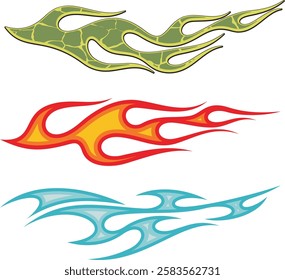 Non-AI vector colorful textured flames for vehicle vinyl decals and wraps. Human made ready-to-cut graphics for racing cars, hot rod, off-road and sport vehicles,  ATVs, trucks, motors, T-shirts.