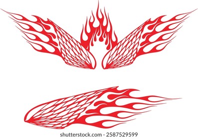 Non-AI vector flame wings set for vehicle vinyl decals, clothing stickers, mascots, labels. Human-made vinyl-ready fiery wings hood and side decals for race and hot rod vehicles, trucks, motors, bikes