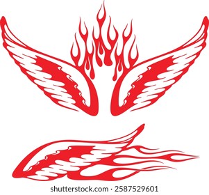 Non-AI vector flame wings set for vehicle vinyl decals, clothing stickers, mascots, labels. Human-made vinyl-ready fiery wings hood and side decals for race and hot rod vehicles, trucks, motors, bikes