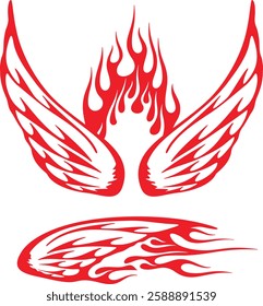 Non-AI vector flame wings set for vehicle vinyl decals, clothing stickers, mascots, labels. Human-made vinyl-ready fiery wings hood and side decals for race and hot rod vehicles, trucks, motors, bikes