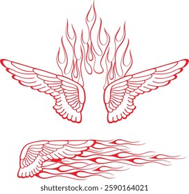 Non-AI vector flame wings set for vehicle vinyl decals, clothing stickers, mascots, labels. Human-made vinyl-ready fiery wings hood and side decals for race and hot rod vehicles, trucks, motors, bikes