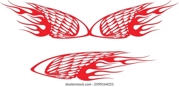 Non-AI vector flame wings set for vehicle vinyl decals, clothing stickers, mascots, labels. Human-made vinyl-ready fiery wings hood and side decals for race and hot rod vehicles, trucks, motors, bikes