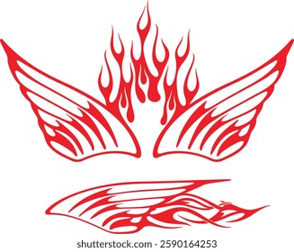 Non-AI vector flame wings set for vehicle vinyl decals, clothing stickers, mascots, labels. Human-made vinyl-ready fiery wings hood and side decals for race and hot rod vehicles, trucks, motors, bikes