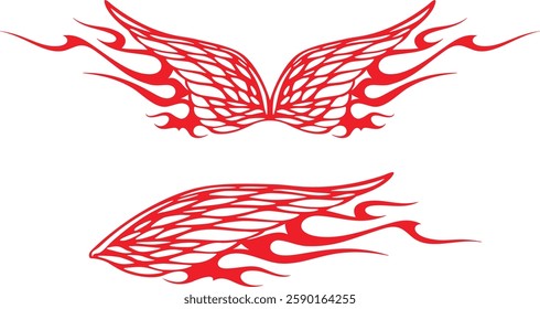 Non-AI vector flame wings set for vehicle vinyl decals, clothing stickers, mascots, labels. Human-made vinyl-ready fiery wings hood and side decals for race and hot rod vehicles, trucks, motors, bikes