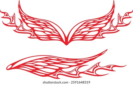 Non-AI vector flame wings set for vehicle vinyl decals, clothing stickers, mascots, labels. Human-made vinyl-ready fiery wings hood and side decals for race and hot rod vehicles, trucks, motors, bikes