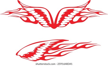 Non-AI vector flame wings set for vehicle vinyl decals, clothing stickers, mascots, labels. Human-made vinyl-ready fiery wings hood and side decals for race and hot rod vehicles, trucks, motors, bikes