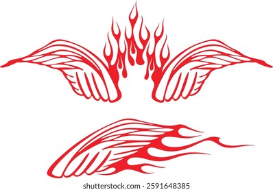 Non-AI vector flame wings set for vehicle vinyl decals, clothing stickers, mascots, labels. Human-made vinyl-ready fiery wings hood and side decals for race and hot rod vehicles, trucks, motors, bikes