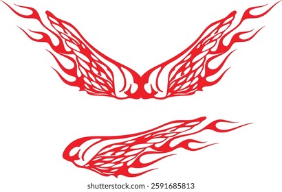 Non-AI vector flame wings set for vehicle vinyl decals, clothing stickers, mascots, labels. Human-made vinyl-ready fiery wings hood and side decals for race and hot rod vehicles, trucks, motors, bikes