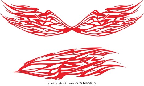 Non-AI vector flame wings set for vehicle vinyl decals, clothing stickers, mascots, labels. Human-made vinyl-ready fiery wings hood and side decals for race and hot rod vehicles, trucks, motors, bikes