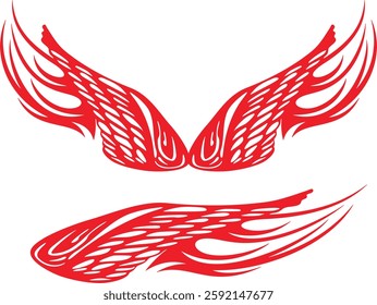 Non-AI vector flame wings set for vehicle vinyl decals, clothing stickers, mascots, labels. Human-made vinyl-ready fiery wings hood and side decals for race and hot rod vehicles, trucks, motors, bikes