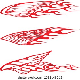 Non-AI vector flame wings set for vehicle vinyl decals, clothing stickers, mascots, labels. Human-made vinyl-ready fiery wing decals for race and hot rod vehicles, trucks, motors, bikes.