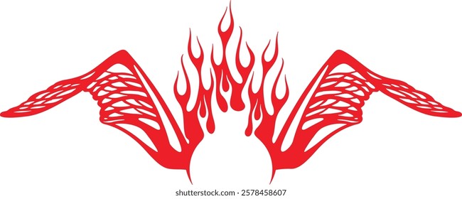 Non-AI vector flame wings for vehicle vinyl decals, clothing stickers, mascot designs, vintage labels. Human made ready-to-cut fiery wings hood decal design for race and hot rod vehicles, ATVs, trucks