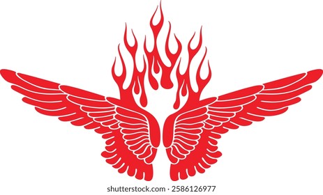 Non-AI vector flame wings for vehicle vinyl decals, clothing stickers, mascot designs, vintage labels. Human made ready-to-cut fiery wings hood decal design for race and hot rod vehicles, ATVs, trucks