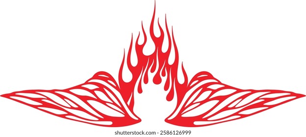 Non-AI vector flame wings for vehicle vinyl decals, clothing stickers, mascot designs, vintage labels. Human made ready-to-cut fiery wings hood decal design for race and hot rod vehicles, ATVs, trucks