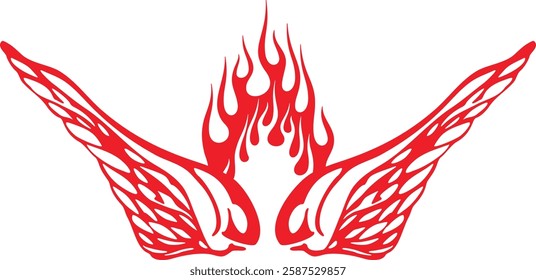 Non-AI vector flame wings for vehicle vinyl decals, clothing stickers, mascot designs, vintage labels. Human made ready-to-cut fiery wings hood decal design for race and hot rod vehicles, ATVs, trucks