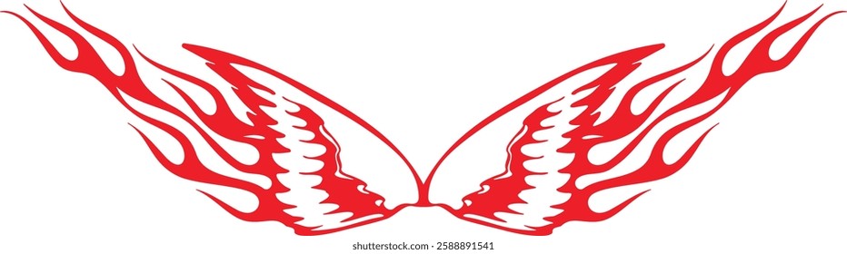 Non-AI vector flame wings for vehicle vinyl decals, clothing stickers, mascot designs, vintage labels. Human made ready-to-cut fiery wings hood decal design for race and hot rod vehicles, ATVs, trucks