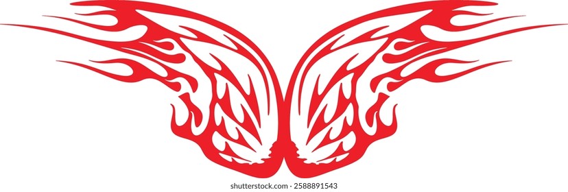 Non-AI vector flame wings for vehicle vinyl decals, clothing stickers, mascot designs, vintage labels. Human made ready-to-cut fiery wings hood decal design for race and hot rod vehicles, ATVs, trucks