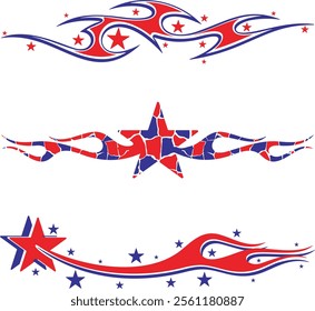 Non-AI vector Flames and Stars vehicle decal designs in American-inspired style, ready-to-cut. Human-made  graphics for car and sport vehicle wraps, celebration and holiday designs in national colors.