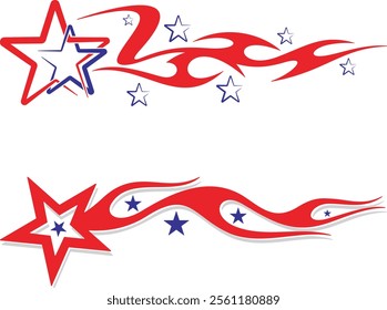 Non-AI vector Flames and Stars vehicle decal designs in American-inspired style, ready-to-cut. Human-made  graphics for car and sport vehicle wraps, celebration and holiday designs in national colors.