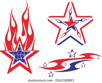 Non-AI vector Flames and Stars vehicle decal designs in American-inspired style, ready-to-cut. Human-made  graphics for car and sport vehicle wraps, celebration and holiday designs in national colors.