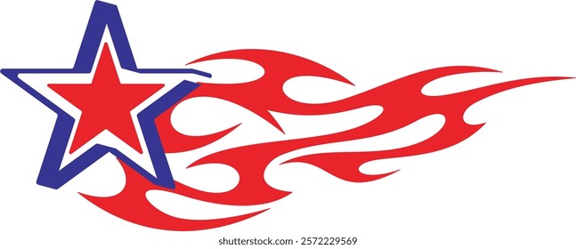 Non-AI vector Flames and Stars vehicle decal designs in American-inspired style. Human made ready-to-cut art, great for car and sport vehicle wraps, celebration and holiday designs in national colors.