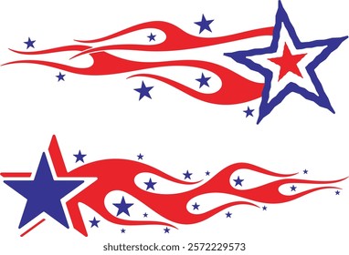 Non-AI vector Flames and Stars vehicle decal designs in American-inspired style. Human made ready-to-cut art, great for car and sport vehicle wraps, celebration and holiday designs in national colors.