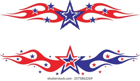 Non-AI vector Flames and Stars vehicle decal designs in American-inspired style. Human made ready-to-cut art, great for car and sport vehicle wraps, celebration and holiday designs in national colors.