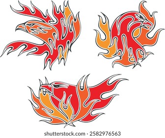 Non-AI vector flaming eagles set for vehicle graphics, stickers and t-shirt decals. Human-made eagle fire flames designs for racing cars, hot rod vehicles, ATVs, trucks, motorcycles, bikes.