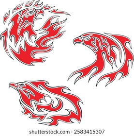 Non-AI vector flaming eagles set for vehicle graphics, stickers and t-shirt decals. Human-made eagle fire flames designs for racing cars, hot rod vehicles, ATVs, trucks, motorcycles, bikes.