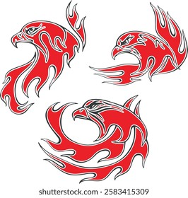 Non-AI vector flaming eagles set for vehicle graphics, stickers and t-shirt decals. Human-made eagle fire flames designs for racing cars, hot rod vehicles, ATVs, trucks, motorcycles, bikes.