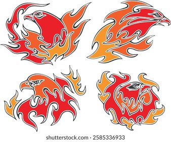 Non-AI vector flaming eagles set for vehicle graphics, stickers and t-shirt decals. Human-made eagle fire flames designs for racing cars, hot rod vehicles, ATVs, trucks, motorcycles, bikes.