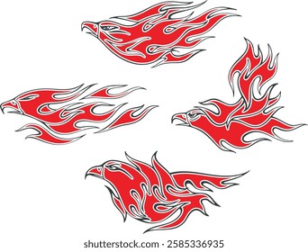 Non-AI vector flaming eagles set for vehicle graphics, stickers and t-shirt decals. Human-made eagle fire flames designs for racing cars, hot rod vehicles, ATVs, trucks, motorcycles, bikes.