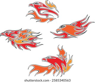 Non-AI vector flaming eagles set for vehicle graphics, stickers and t-shirt decals. Human-made eagle fire flames designs for racing cars, hot rod vehicles, ATVs, trucks, motorcycles, bikes.