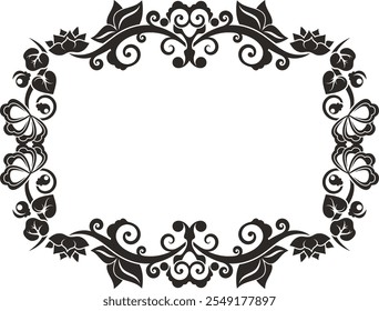 Non-AI vector floral ornamental frame with flowers, lilies. Human-made vintage romantic oriental panel, great for wedding decorations, greeting cards, invitations, banners. Love concept.