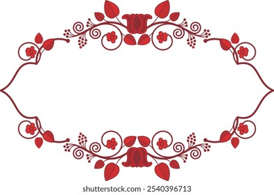 Non-AI vector floral ornamental romantic concept frame with red roses. Human-made vintage oriental panel, great for wedding decorations, greeting cards, invitations, banners, vinyl and laser ready. 