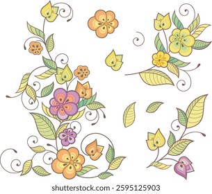 Non-AI vector ornamental doodle flowers series for spring, summer and wedding decorative designs. Garlands, bouquets, wreaths, swirls, leaves, design elements. Oriental, Persian and Asian style.