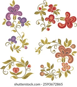 Non-AI vector ornamental flowers for floral, spring, summer and wedding decorative designs. Human-made garlands, bouquets, wreaths, swirls, blossom, leaves. Eastern, Asian and Persian style series.