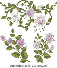 Non-AI vector ornamental romantic floral designs for wedding backgrounds, page decorations, fabric, silk and scarf patterns. Human-made decorative pink flowers in Eastern style. Marriage, love concept