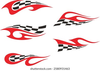 Non-AI Vector Racing Flame Designs with Checkered Flags for Vehicle Vinyl Decals. Human-made ready-to-cut graphics, great for sport cars, ATVs, trucks, motors and bikes.