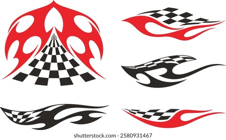 Non-AI Vector Racing Flame Designs with Checkered Flags for Vehicle Vinyl Decals. Human-made ready-to-cut graphics, great for sport cars, ATVs, trucks, motors and bikes.